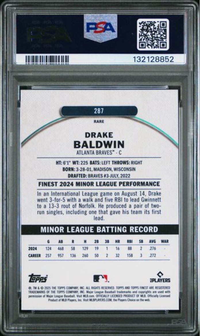Graded 2025 Topps Finest Drake Baldwin #287 Rookie RC Baseball Card PSA 10 Gem Mint