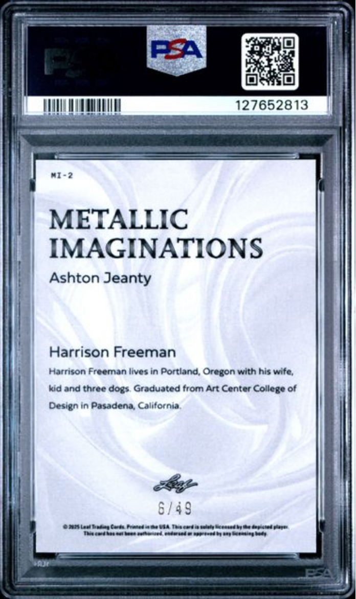Graded 2025 Leaf Ashton Jeanty #MI2 Metallic Imaginations Series 2 Blue /49 Rookie RC Football Card PSA 10 Gem Mint