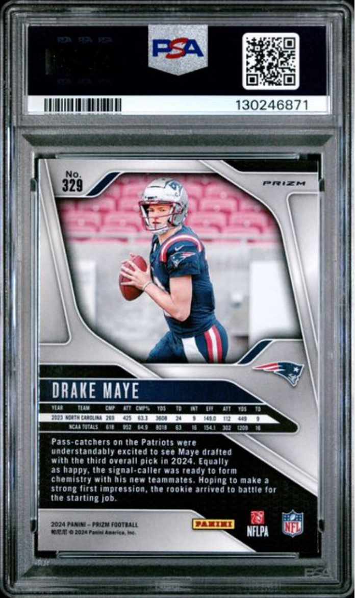 Graded 2024 Panini Prizm Drake Maye #329 Neon Green Pulsar Rookie RC Football Card PSA 9 Mint