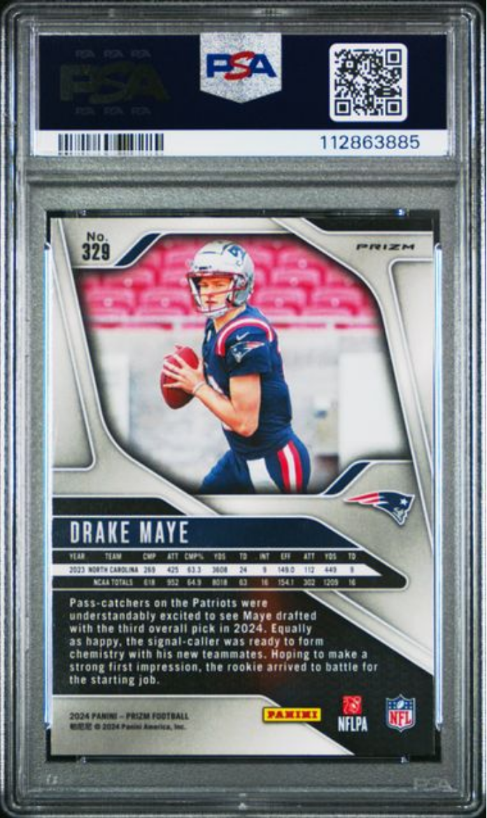 Graded 2024 Panini Prizm Drake Maye #329 Green Wave Rookie RC Football Card PSA 9 Mint