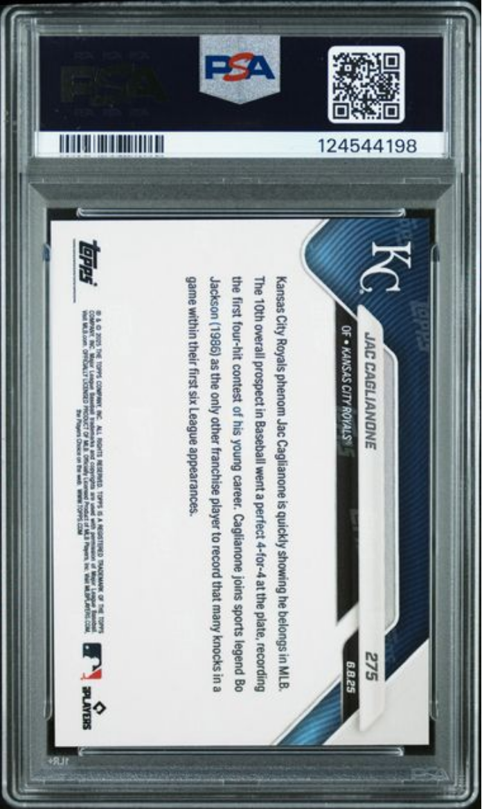 Graded 2025 Topps Now Jac Caglianone #275 Gold Foil /50 Rookie RC Baseball Card PSA 9 Mint