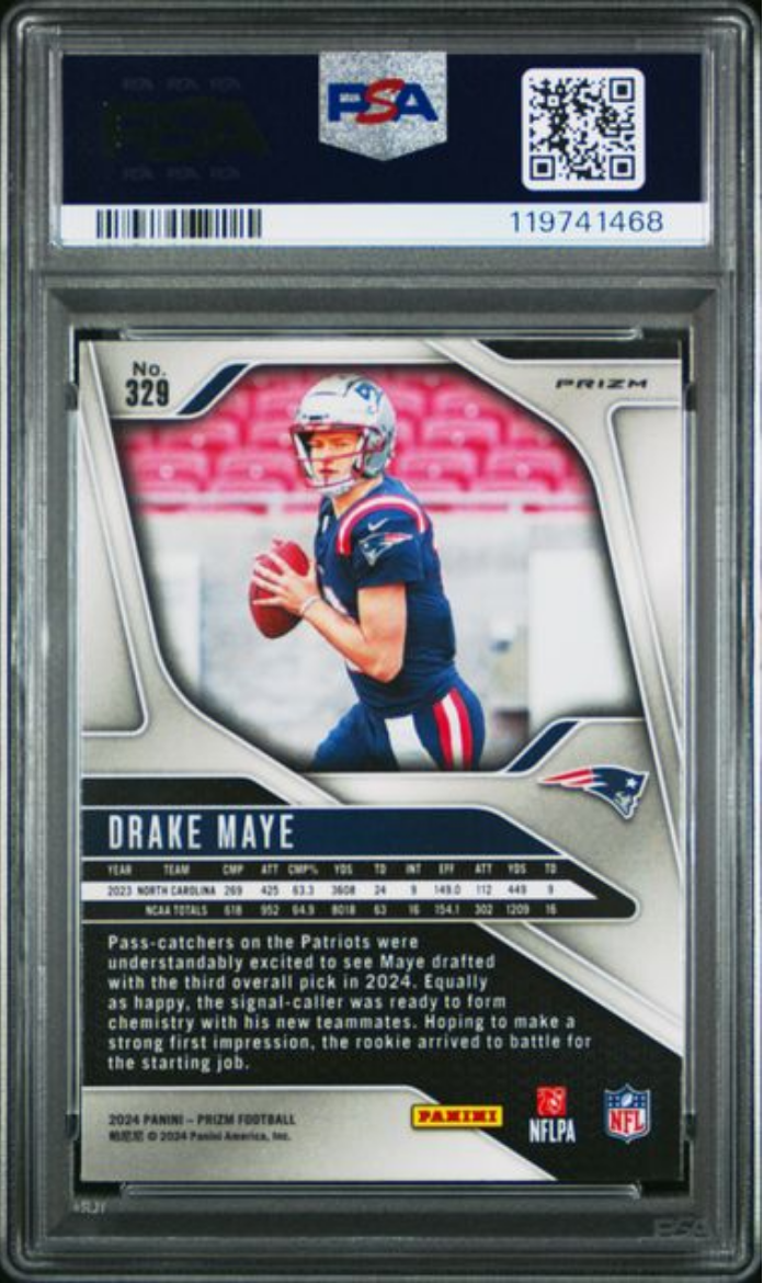 Graded 2024 Panini Prizm Drake Maye #329 Lazer Prizm Rookie RC Football Card PSA 9 Mint