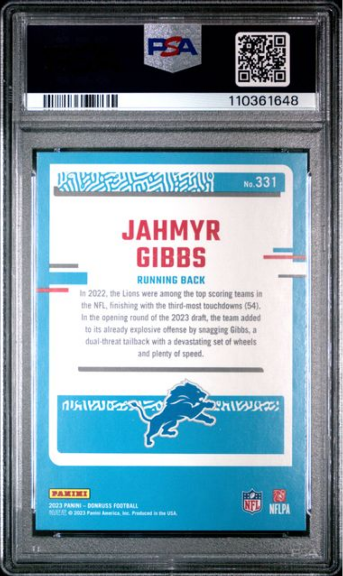 Graded 2023 Panini Donruss Jahmyr Gibbs #331 Press Proof Blue Rookie RC Football Card PSA 10 Gem Mint
