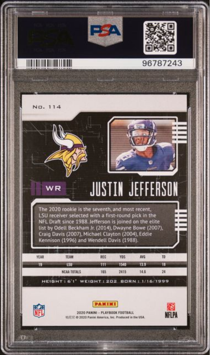 Graded 2020 Panini Playbook Justin Jefferson #114 Rookie RC Football Card PSA 10 Gem Mint