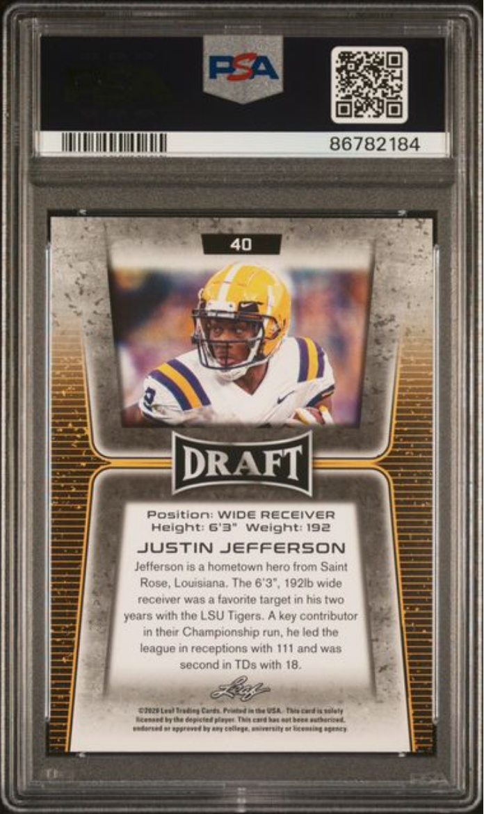Graded 2020 Leaf Draft Justin Jefferson #40 Rookie RC Football Card PSA 10 Gem Mint