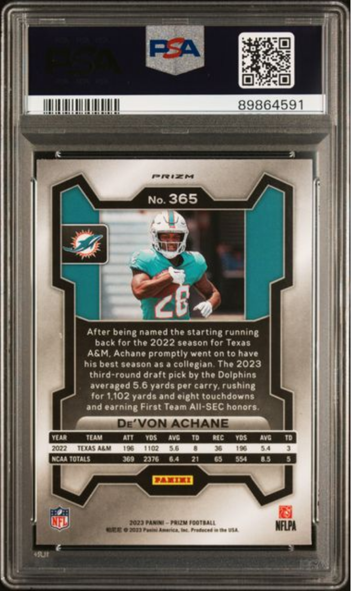 Graded 2023 Panini Prizm Devon Achane #365 Red/White/Blue Rookie RC Football Card PSA 10 Gem Mint