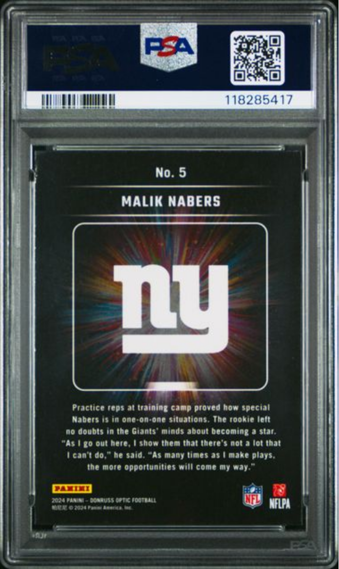 Graded 2024 Panini Donruss Optic Malik Nabers #5 Light It Up Rookie RC Football Card PSA 10 Gem Mint