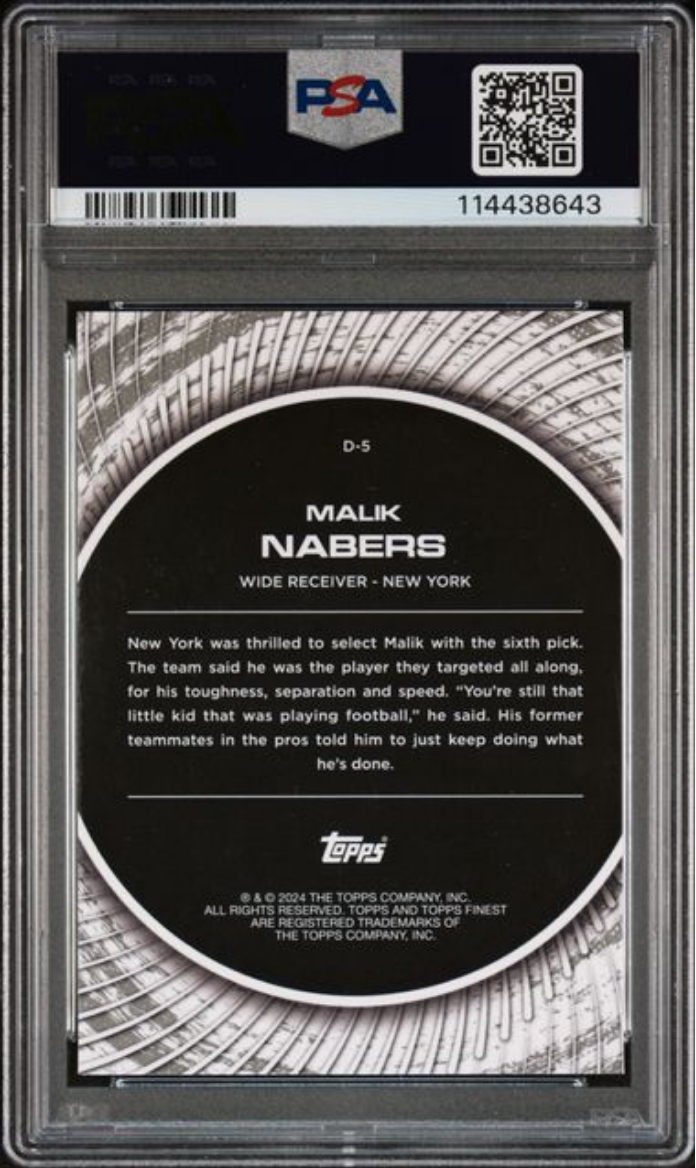 Graded 2024 Topps Finest Malik Nabers #D5 Debut Blue Refractor /99 Rookie RC Football Card PSA 10 Gem Mint