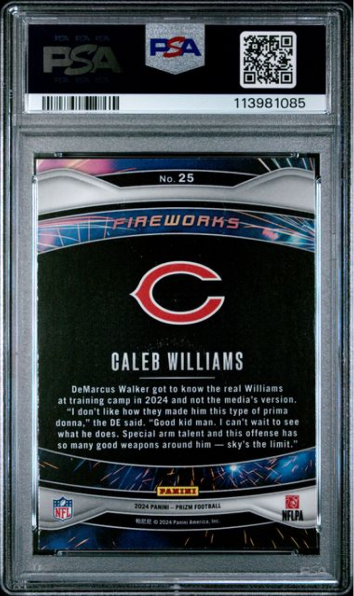 Graded 2024 Panini Prizm Caleb Williams #25 Fireworks Rookie RC Football Card PSA 10 Gem Mint