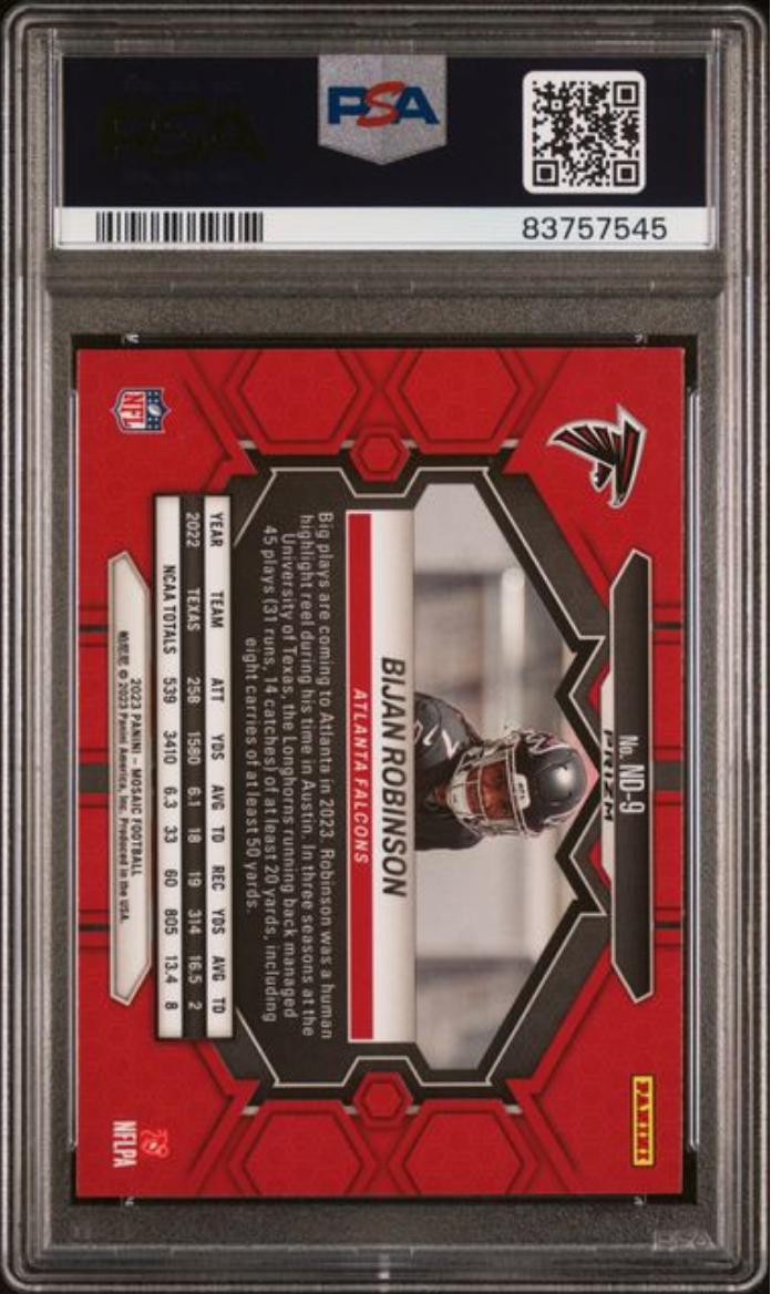 Graded 2023 Panini Mosaic Bijan Robinson #ND9 Silver Rookie RC Football Card PSA 10 Gem Mint