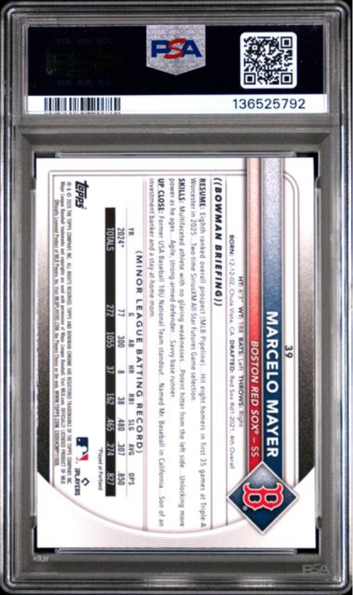 Graded 2025 Topps Bowman Chrome Mega Box Marcelo Mayer #39 Rookie RC Baseball Card PSA 10 Gem Mint