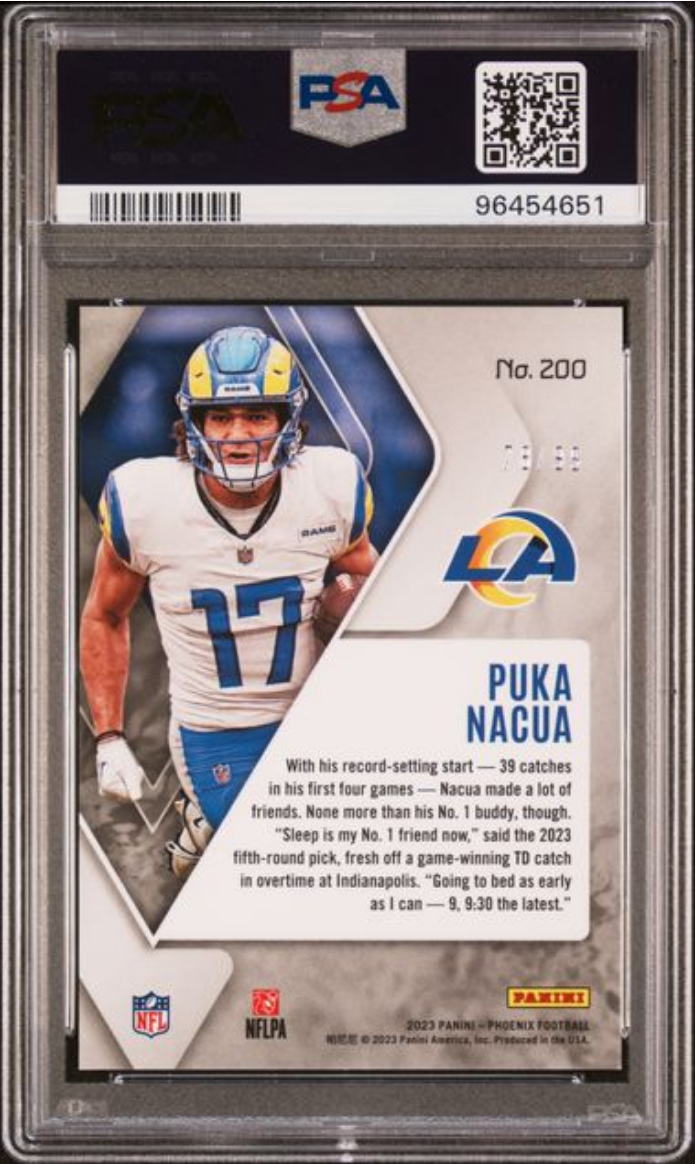 Graded 2023 Panini Phoenix Puka Nacua #200 Orange Seismic /99 Rookie RC Football Card PSA 10 Gem Mint