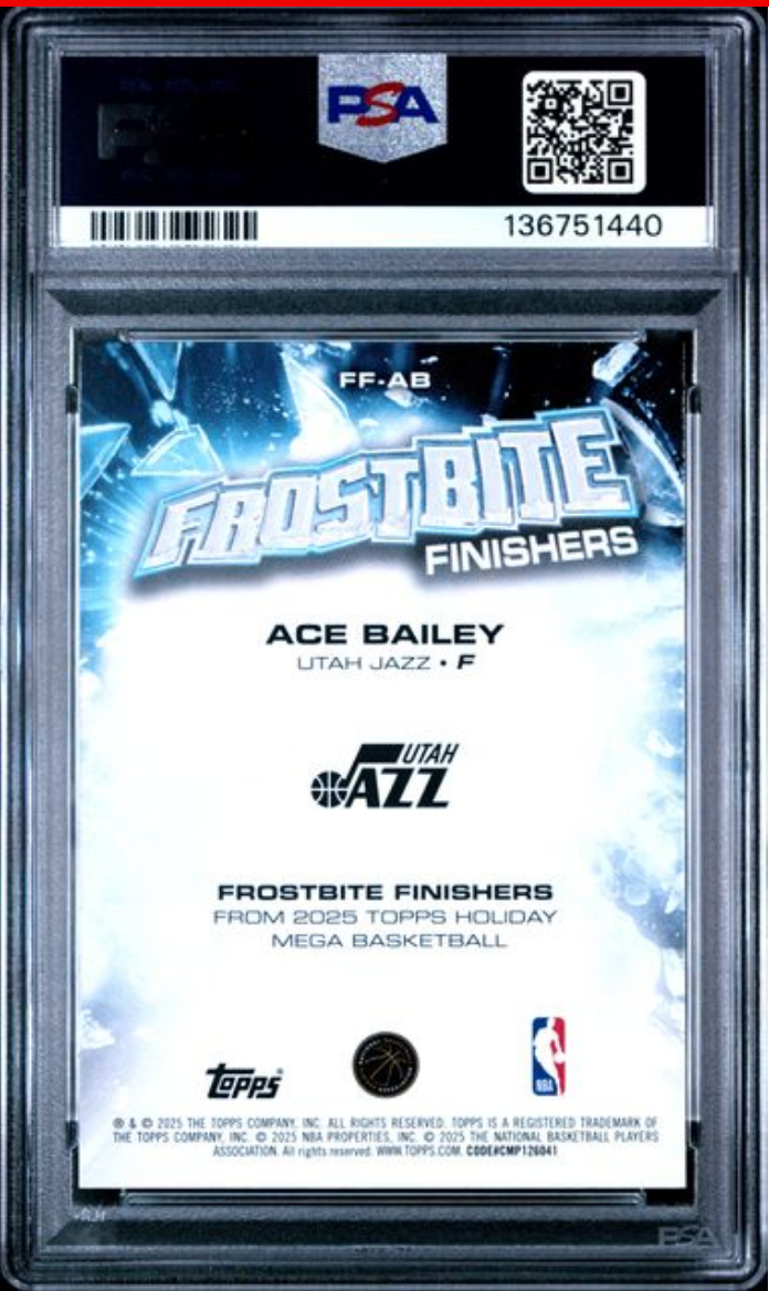 Graded 2025 Topps Holiday Ace Bailey #FFAB Frostbite Finishers Rookie RC Basketball Card PSA 10 Gem Mint