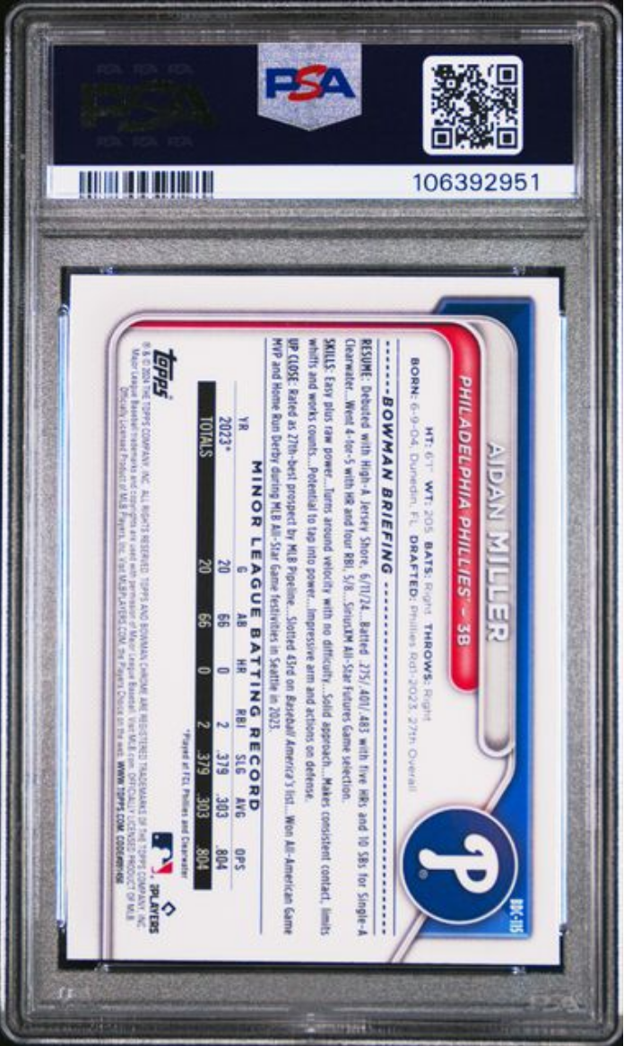 Graded 2024 Topps Bowman Draft Aidan Miller #BDC115 Chrome Sky Blue Refractor Rookie RC Baseball Card PSA 10 Gem Mint