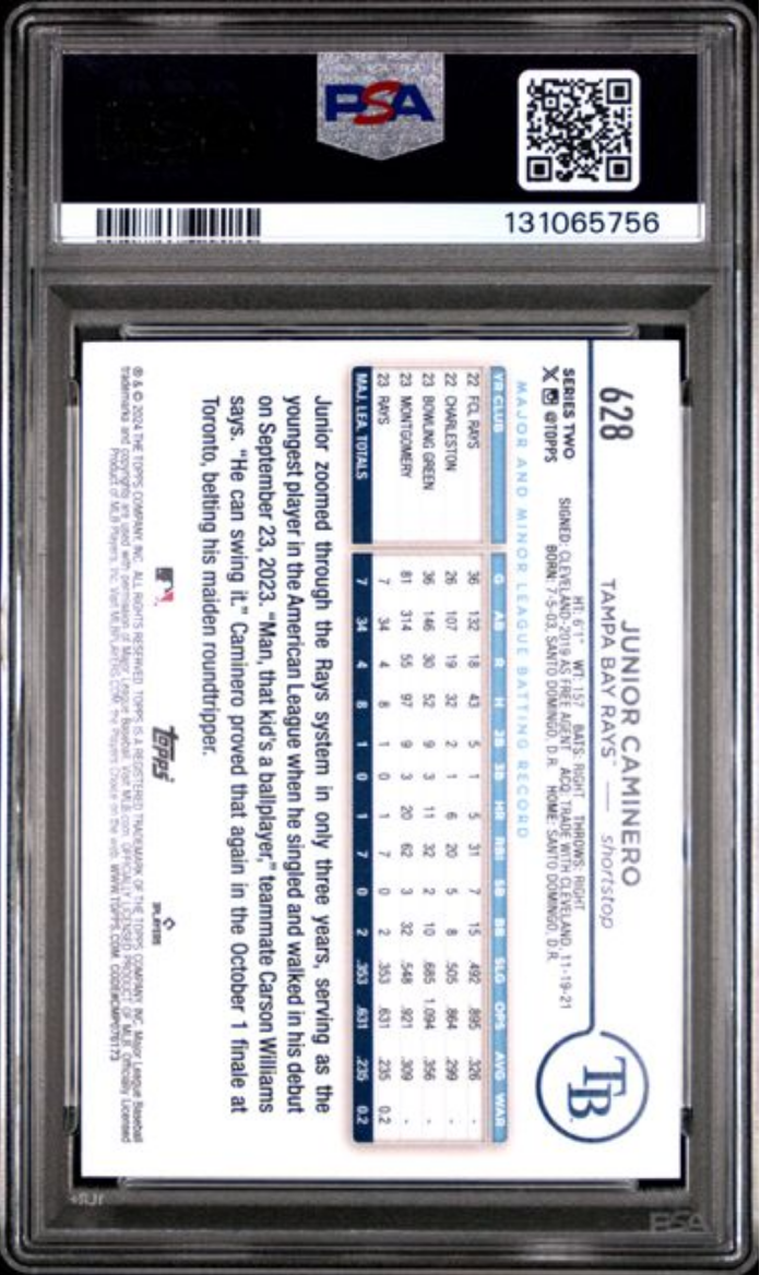 Graded 2024 Topps Junior Caminero #628 Rainbow Foil Rookie RC Baseball Card PSA 10 Gem Mint