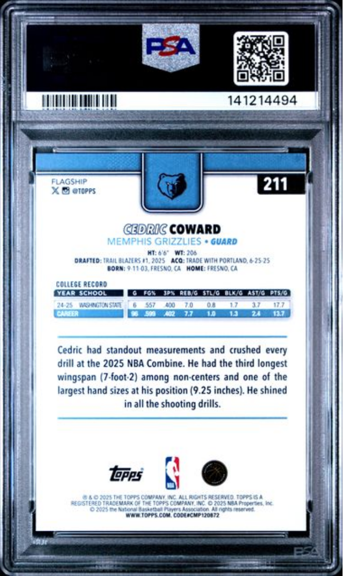 Graded 2025 Topps Cedric Coward #211 Holo Foil Rookie RC Basketball Card PSA 10 Gem Mint