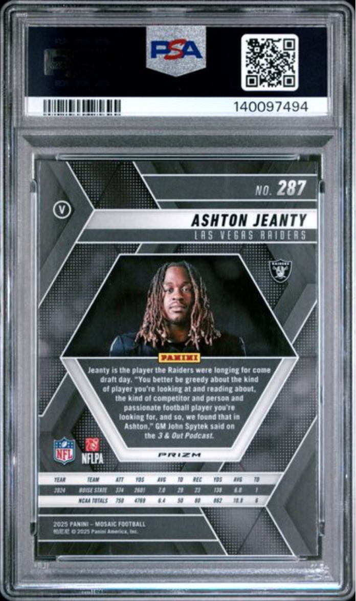 Graded 2025 Panini Mosaic Ashton Jeanty #287 Green Rookie RC Football Card PSA 10 Gem Mint