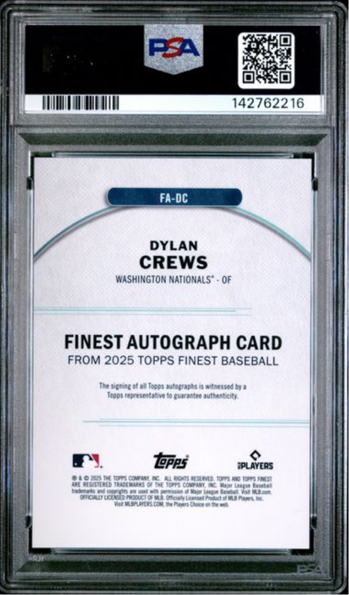Graded 2025 Topps Finest Dylan Crews #DC Finest Autograph Green Refractor /75 Rookie RC Baseball Card PSA 10 Gem Mint