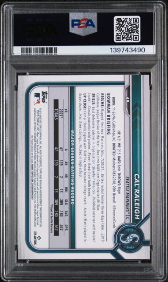 Graded 2022 Topps Bowman Cal Raleigh #49 Rookie RC Baseball Card PSA 10 Gem Mint