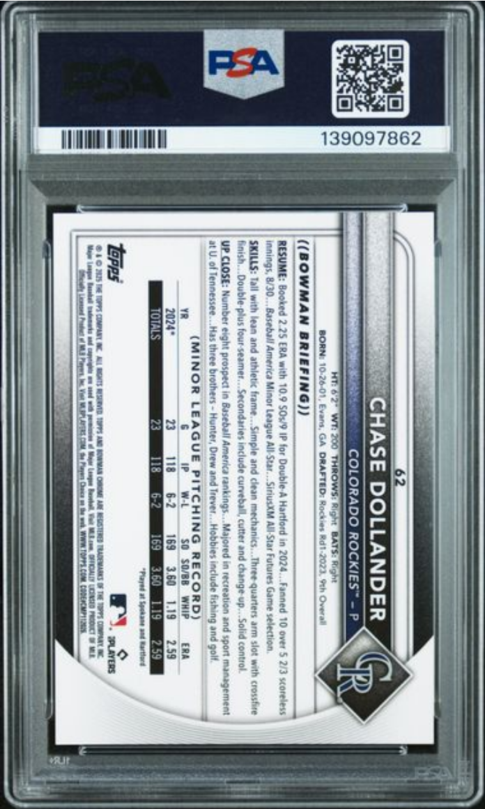 Graded 2025 Topps Bowman Chrome Chase Dollander #62 Orange Geometric /25 Rookie RC Baseball Card PSA 10 Gem Mint