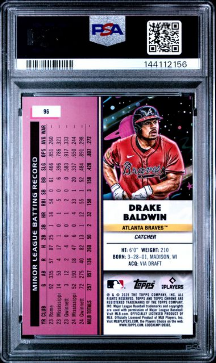 Graded 2025 Topps Cosmic Chrome Drake Baldwin #96 Nucleus Rookie RC Baseball Card PSA 10 Gem Mint