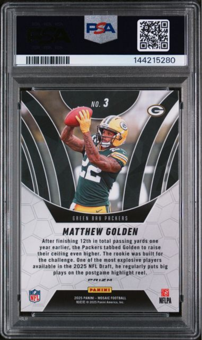 Graded 2025 Panini Mosaic Matthew Golden #3 Elevate Green Rookie RC Football Card PSA 10 Gem Mint