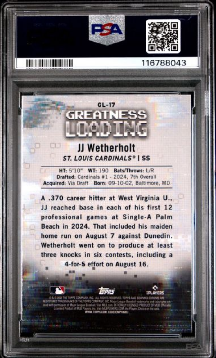 Graded 2025 Topps Bowman JJ Wetherholt #GL17 Greatness Loading Rookie RC Baseball Card PSA 10 Gem Mint