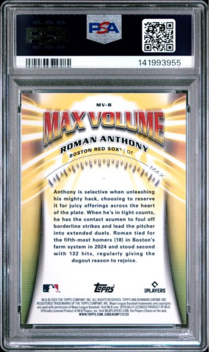 Graded 2025 Topps Bowman Chrome Roman Anthony #MV8 Max Volume Rookie RC Baseball Card PSA 10 Gem Mint
