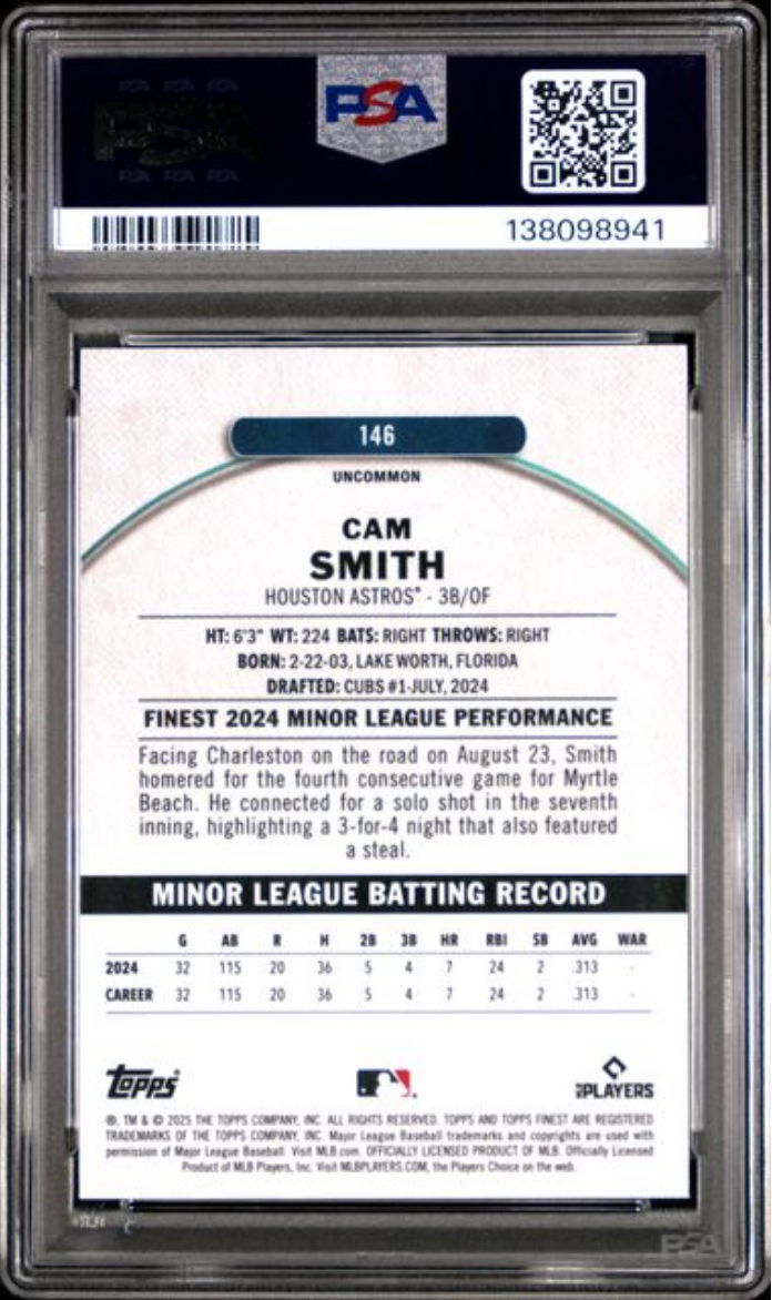 Graded 2025 Topps Finest Cam Smith #146 Rookie RC Baseball Card PSA 10 Gem Mint