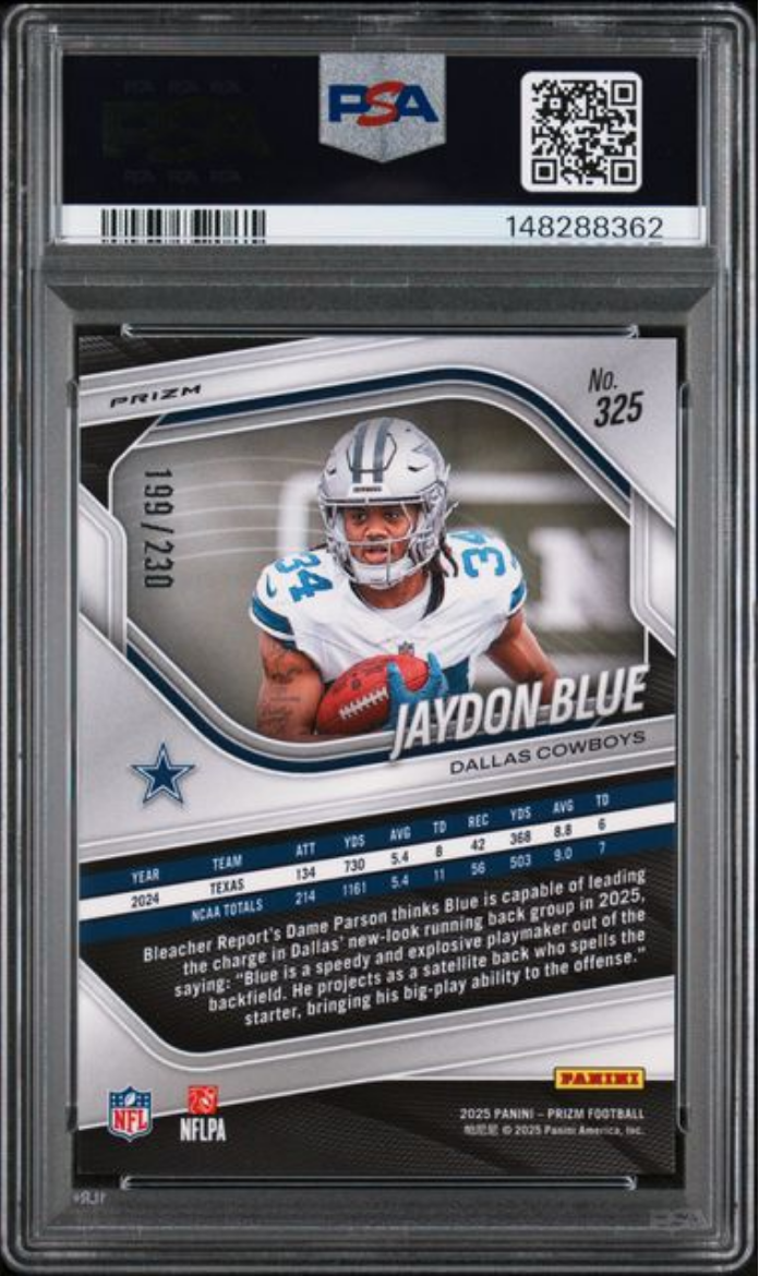 Graded 2025 Panini Prizm Jaydon Blue #325 Blue Wave /230 Rookie RC Football Card PSA 10 Gem Mint