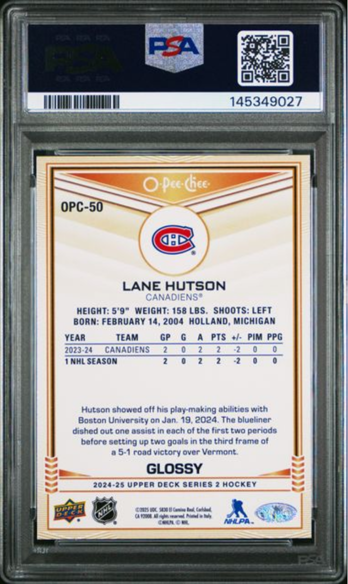 Graded 2024 Upper Deck Lane Hutson #OPC50 O-Pee-Chee Glossy Rookie RC Hockey Card PSA 10 Gem Mint