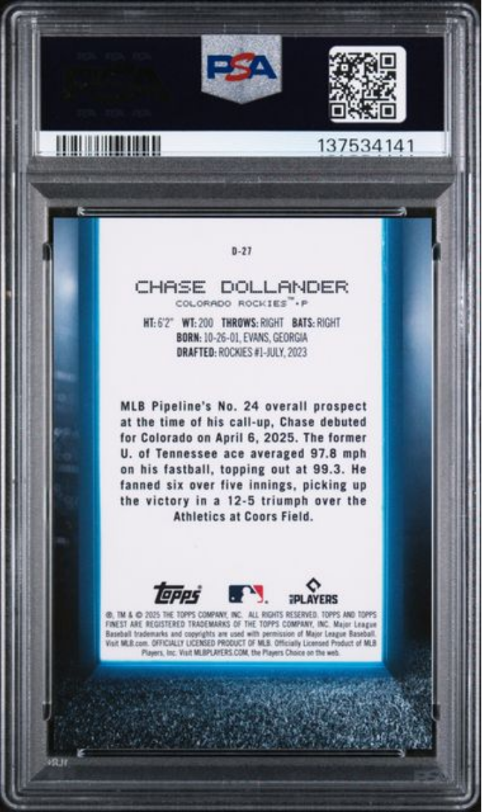 Graded 2025 Topps Finest Chase Dollander #D27 Debut Gold Refractor /50 Rookie RC Baseball Card PSA 10 Gem Mint