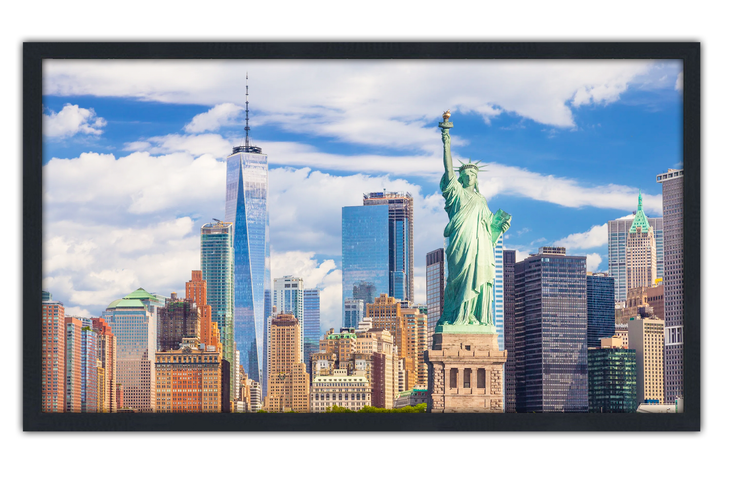 Professionally Framed Statue of Liberty New York City Skyline High-Resolution Panoramic Photo 12x22 Wall Art