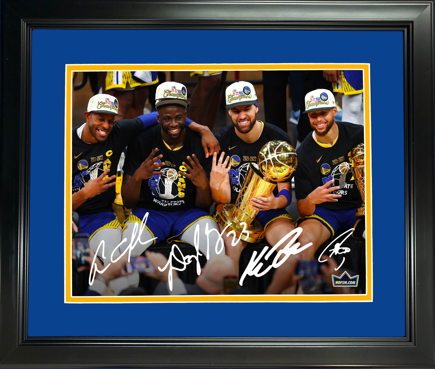 Framed Stephen Curry, Klay Thompson, Draymond Green & Andre Iguodala Facsimile Laser Engraved Signature Auto 11"x14"Basketball Photo HOFSM Holo