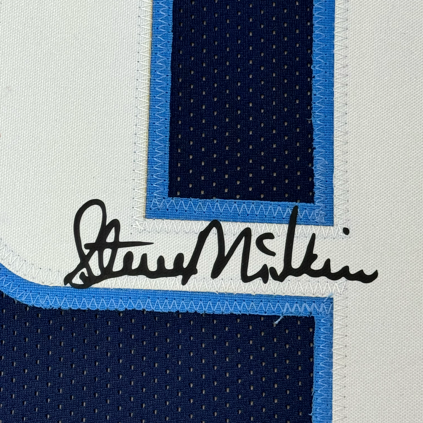 Framed Facsimile Autographed Steve McNair 35x39 Tennessee Navy Blue Reprint Laser Auto Football Jersey