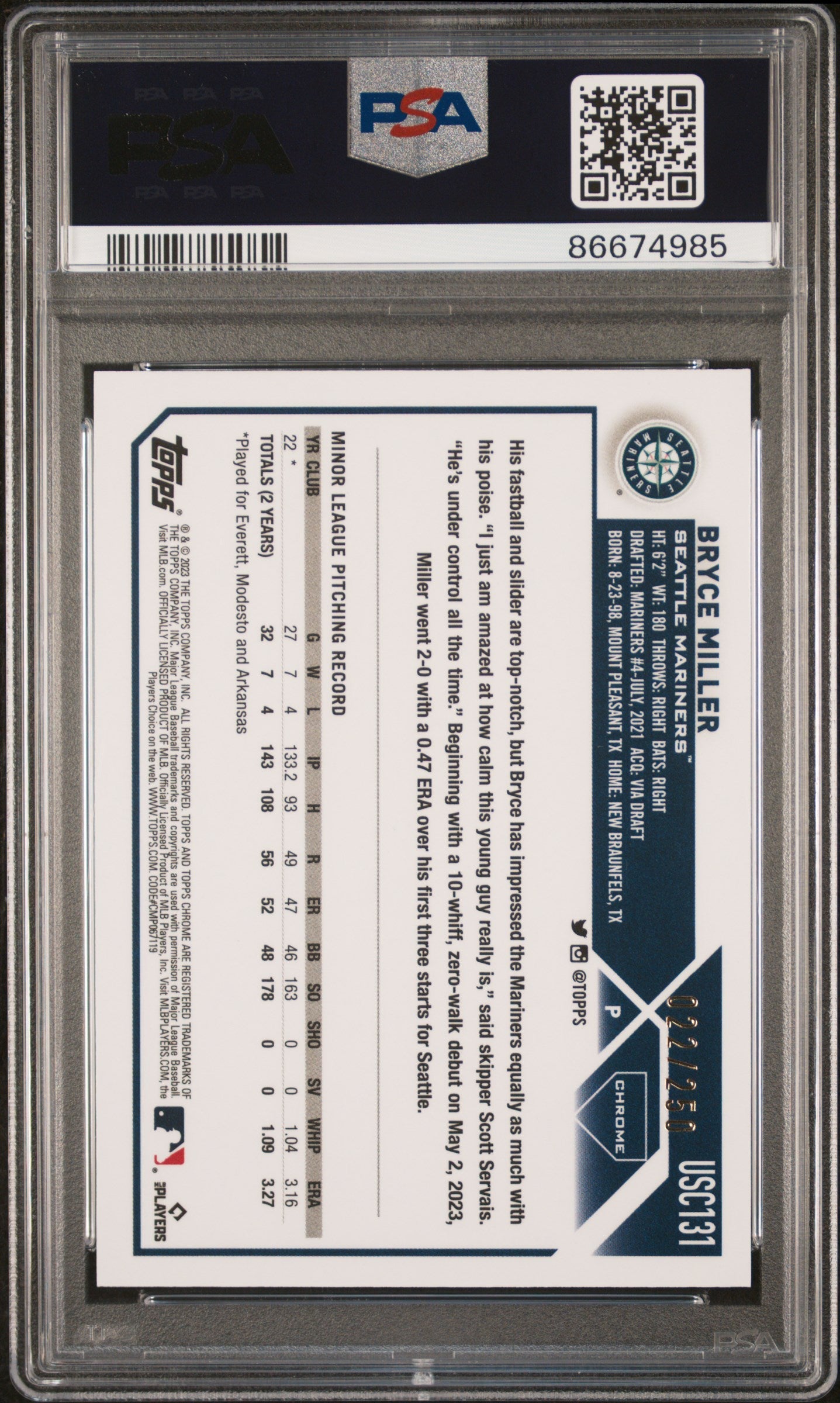 Graded 2023 Topps Chrome Update Bryce Miller #USC131 Purple Rookie RC Baseball Card PSA 10 Gem Mint