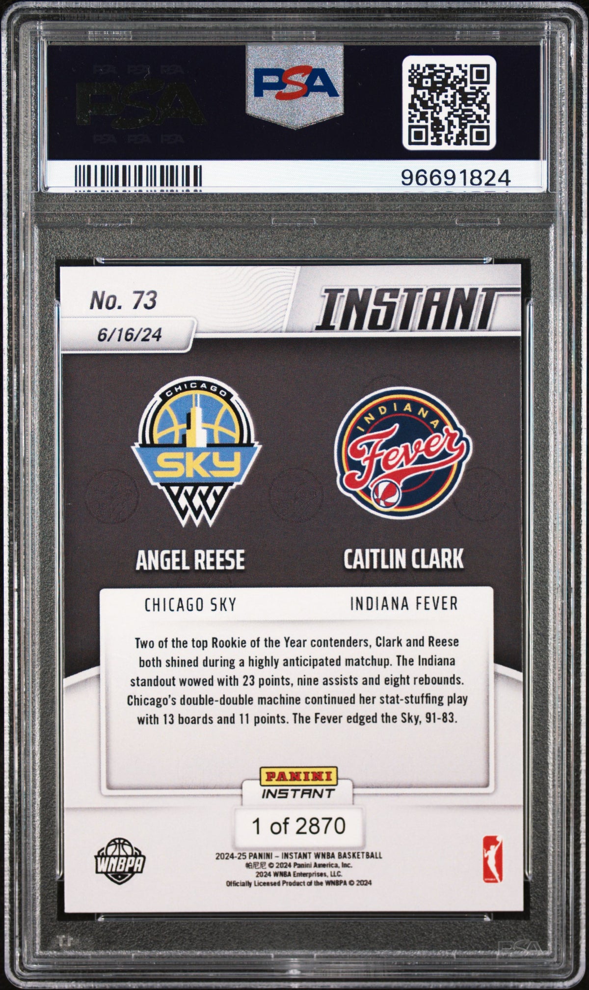 Graded 2024 Panini Instant WNBA Angel Reese/Caitlin Clark #73 Rookie RC Basketball Card PSA 8 Near Mint