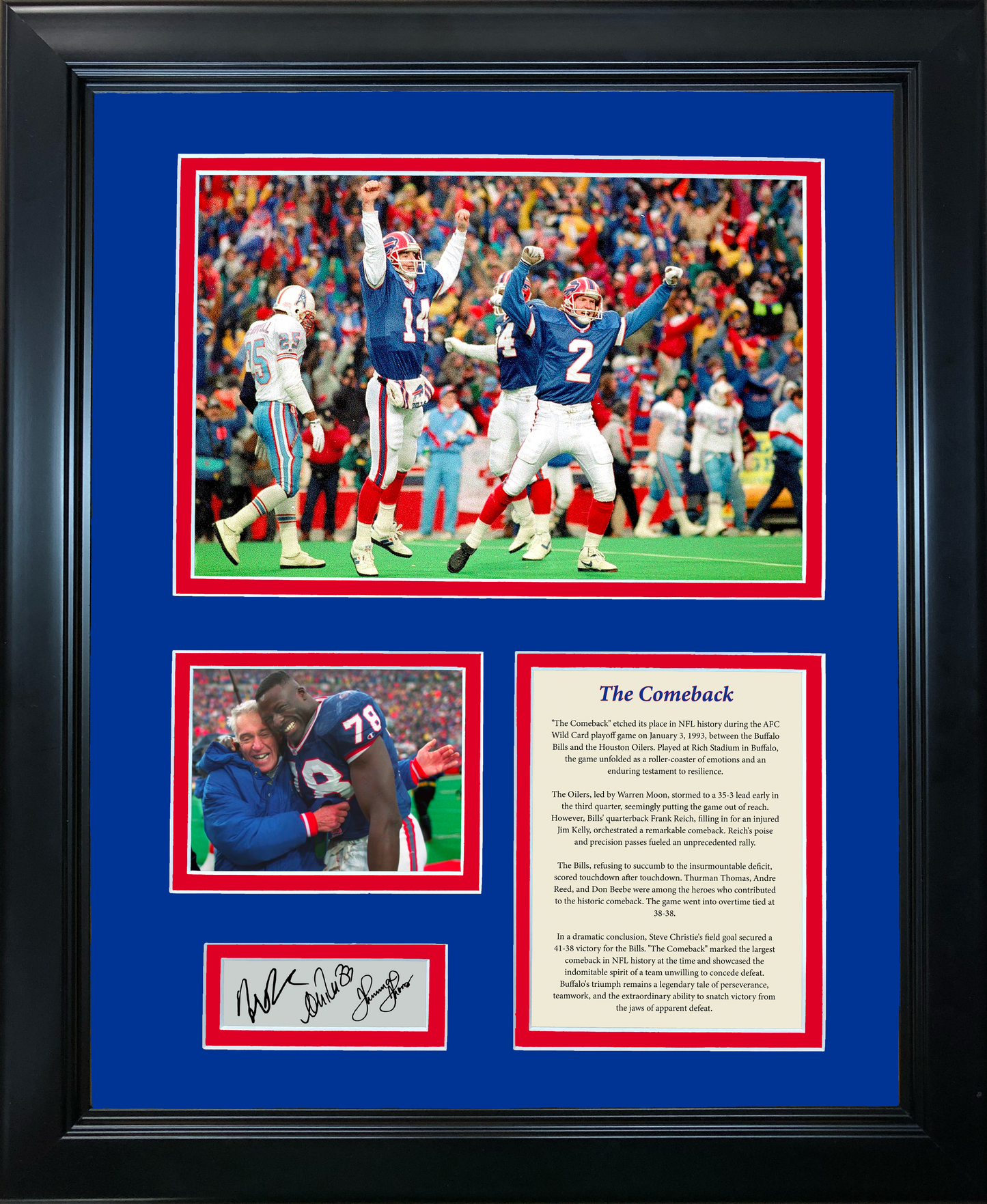 Framed 1993 Buffalo Bills The Comeback Frank Reich, Andre Reed & Thurman Thomas Facsimile Laser Engraved Signature Auto 11"x14"Football Photo Sig Collage