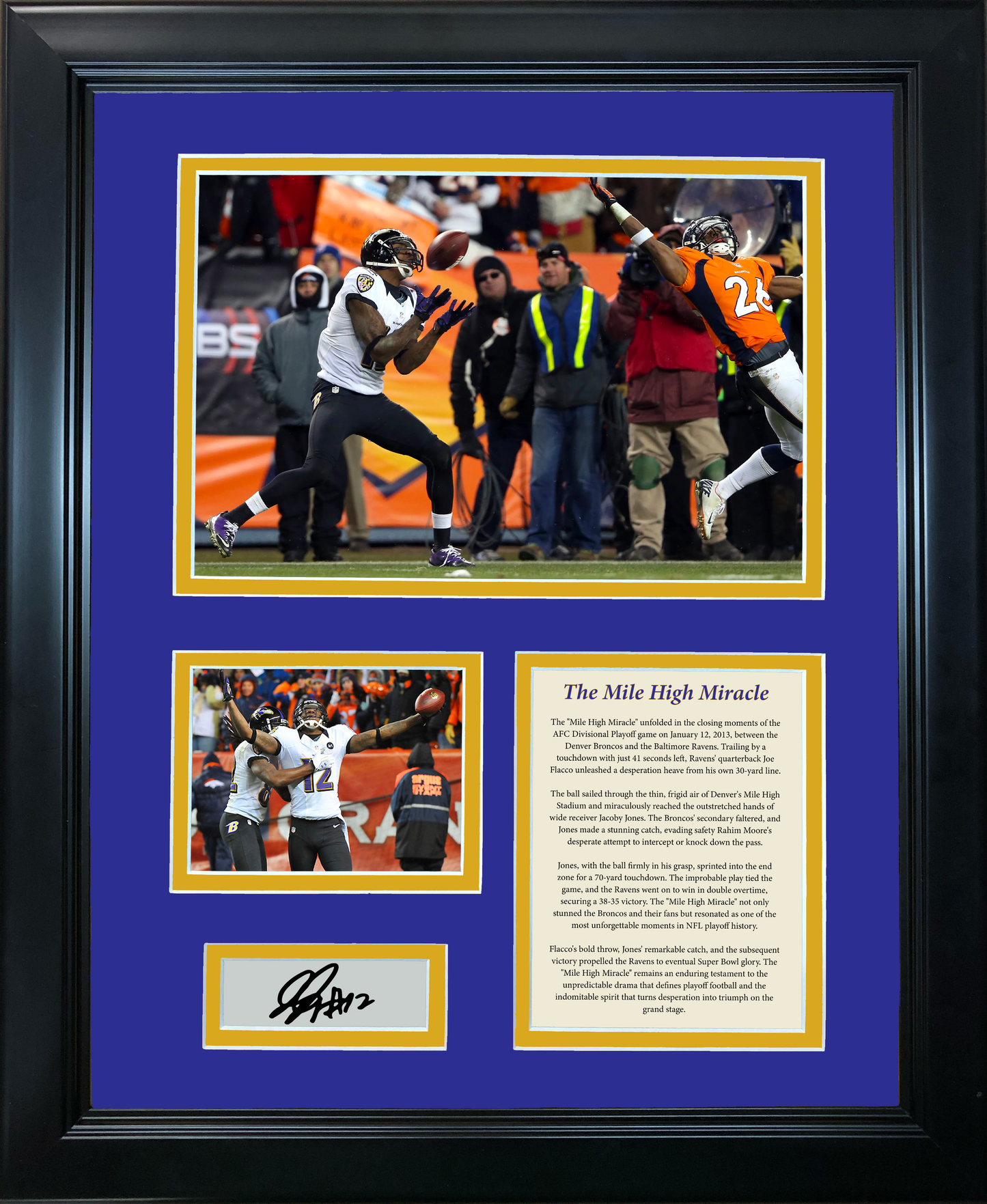 Framed The Mile High Miracle 2013 Catch Jacoby Jones Facsimile Laser Engraved Signature Auto Baltimore Ravens Football 11"x14" Photo Sig Collage