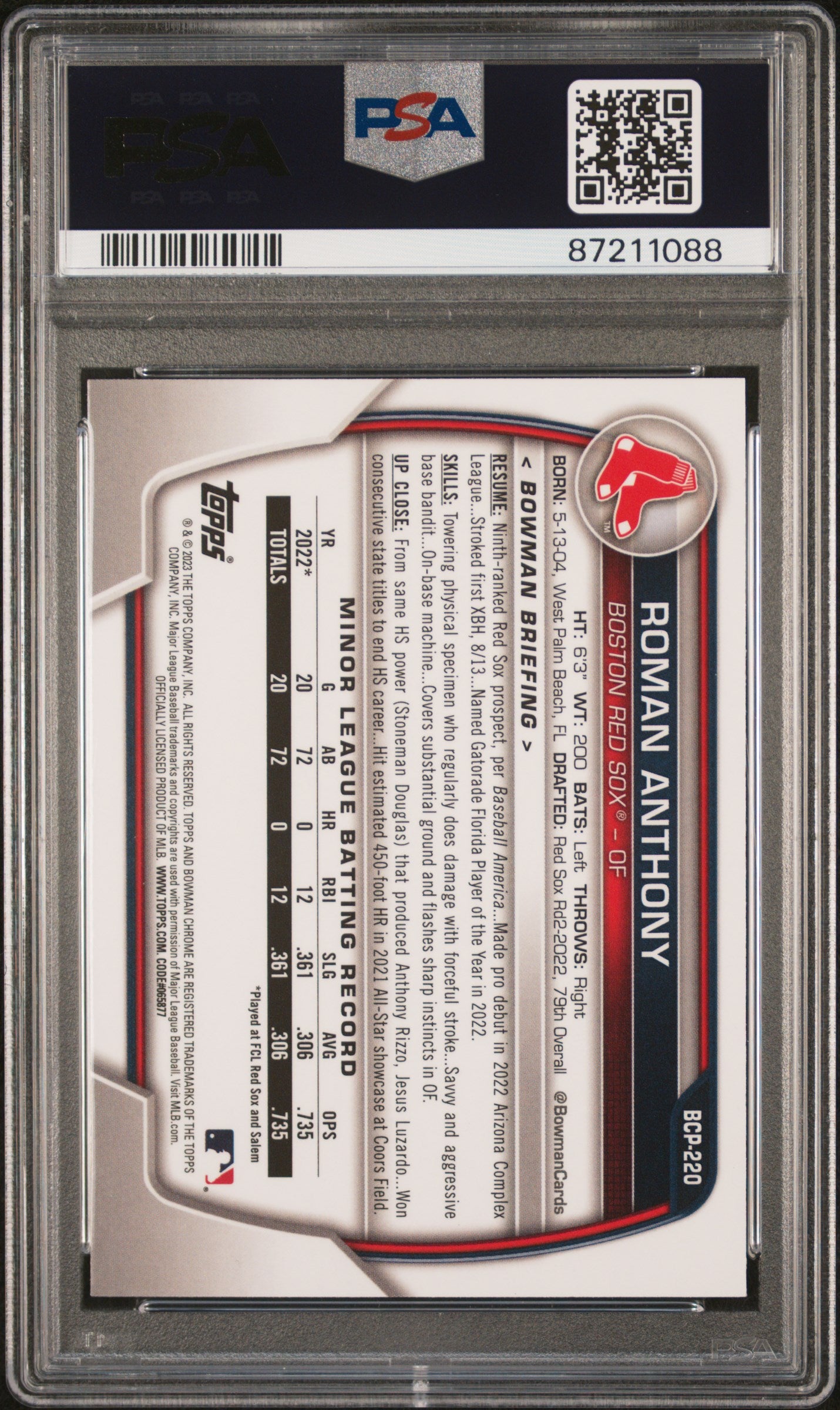 Graded 2023 Topps Bowman Chrome Roman Anthony #BCP220 Prospects Rookie RC Baseball Card PSA 10 Gem Mint