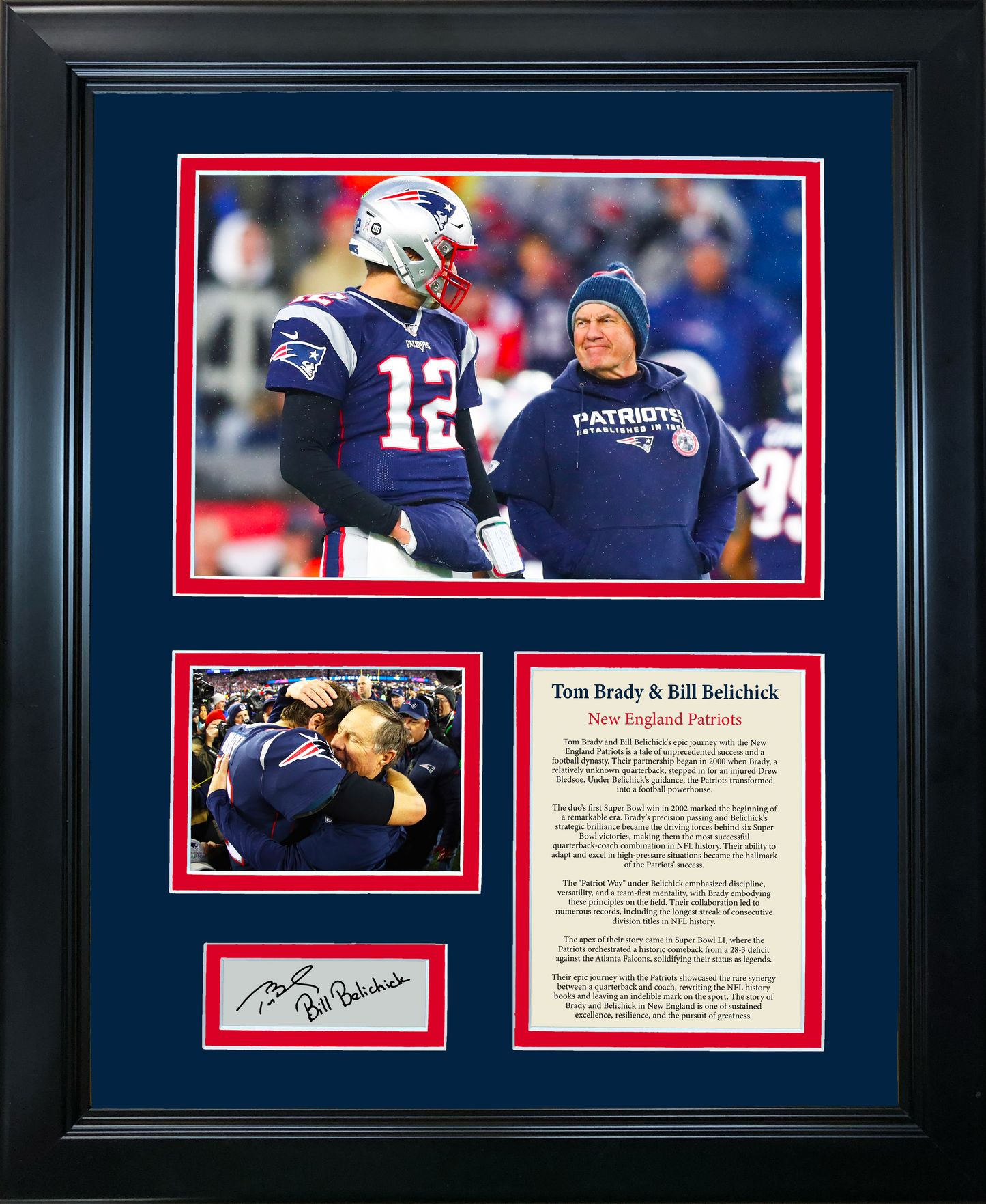 Framed Tom Brady & Bill Belichick Dual Facsimile Laser Engraved Signature Auto New England Patriots Football 11"x14" Photo Sig Collage