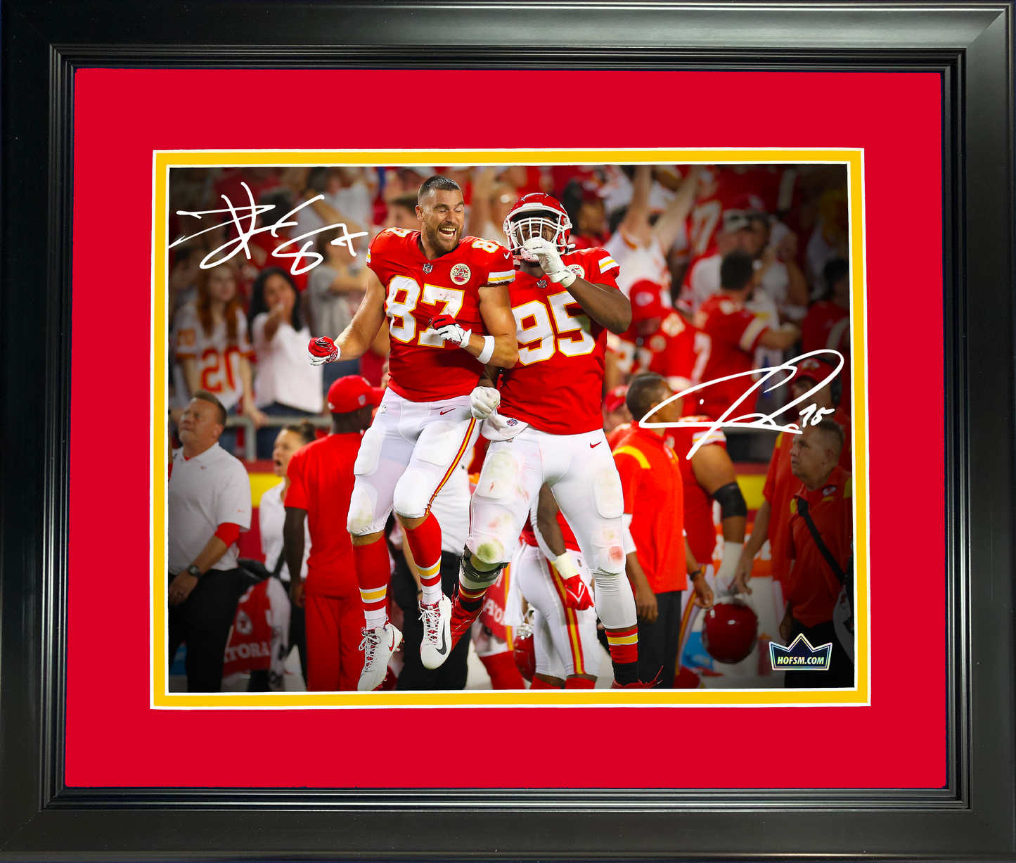 Framed Travis Kelce & Chris Jones Kansas City Chiefs Dual Facsimile Laser Engraved Signature Auto 11"x14" Football Photo HOFSM Holo