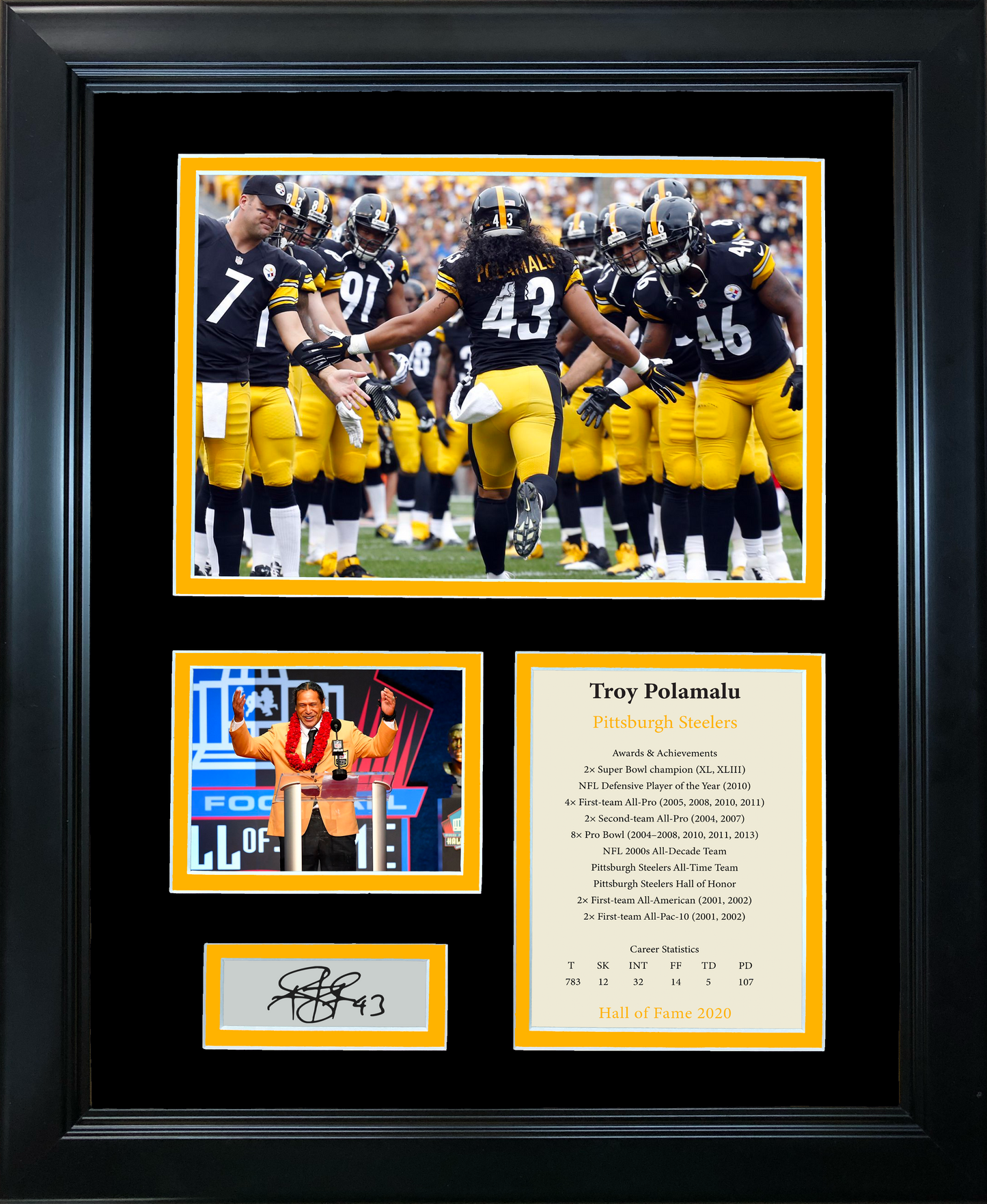 Framed Troy Polamalu Hall of Fame Facsimile Laser Engraved Signature Auto Pittsburgh Steelers 11"x14" Football Photo Sig Collage