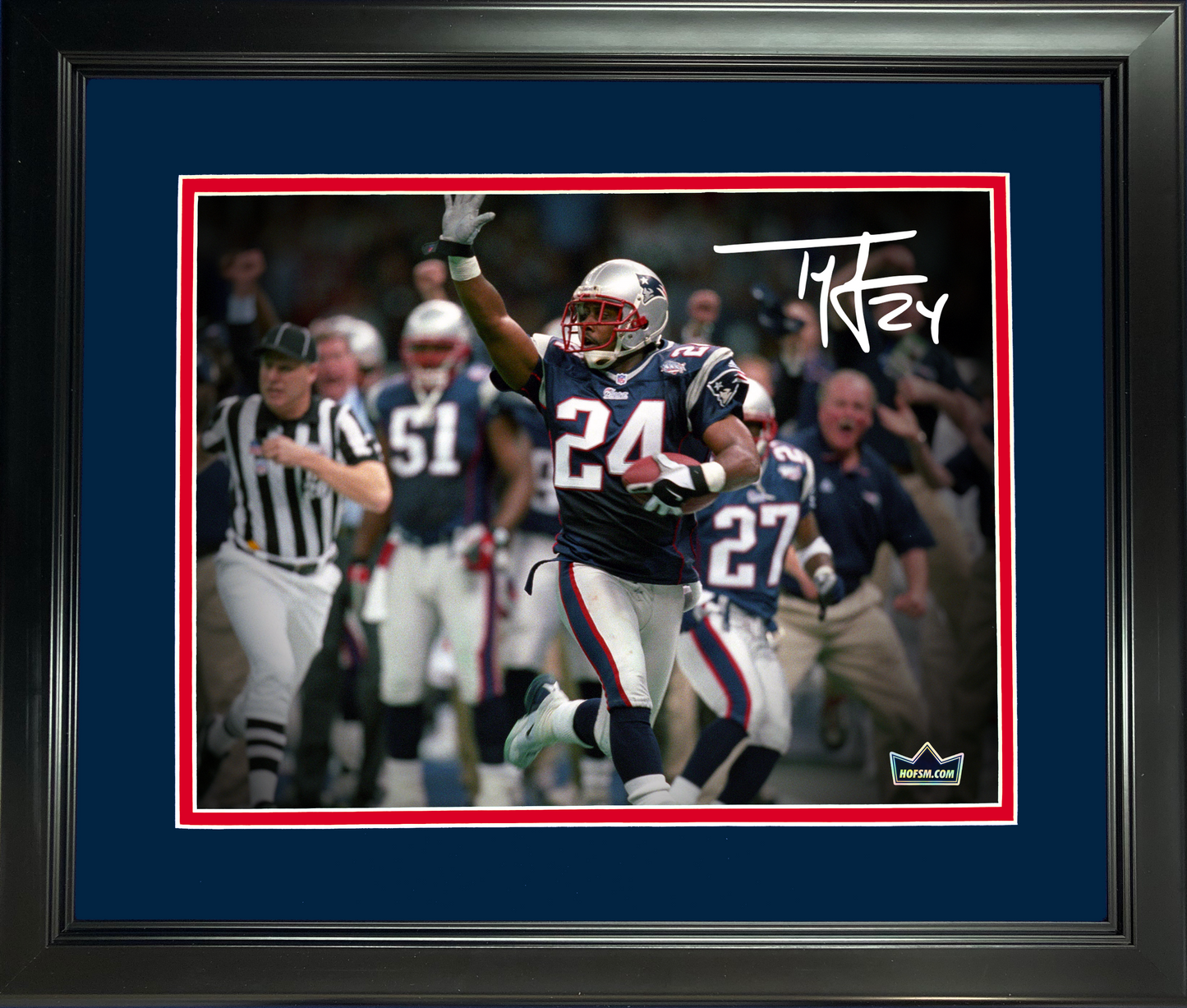Framed Ty Law Super Bowl XXXVI Pick 6 Facsimile Laser Engraved Signature Auto New England Patriots 11"x14" Football Photo HOFSM Holo