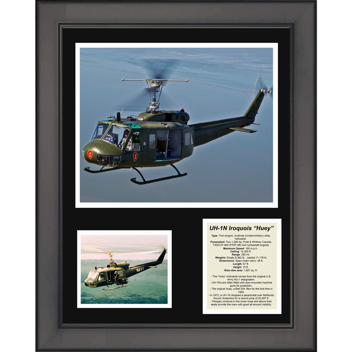 Framed UH-1N Iroquois Huey Twin-engine Helicopter Military Aircraft 11"x14" Three Photo Collage