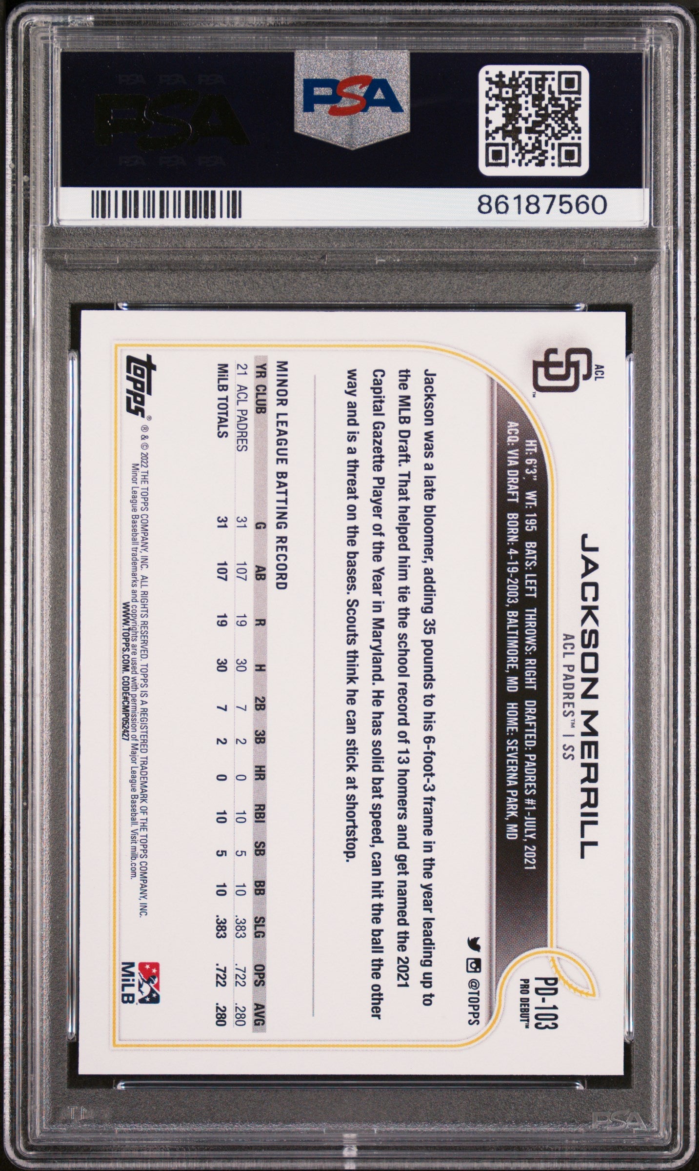 Graded 2022 Topps Pro Debut Jackson Merrill #PD103 Rookie RC Baseball Card PSA 10 Gem Mint