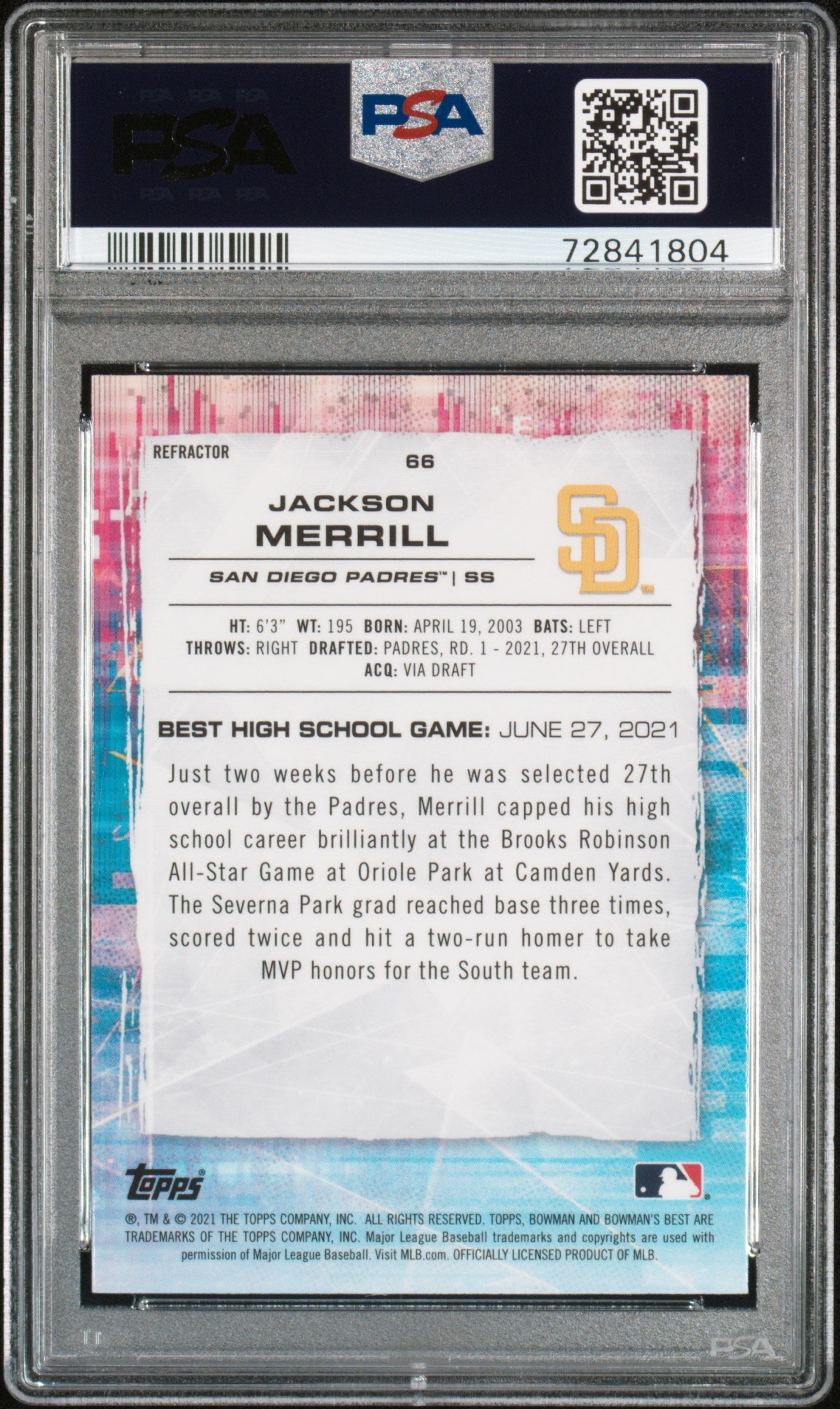 Graded 2021 Topps Bowmans Best Jackson Merrill #66 Refractor Rookie RC Baseball Card PSA 10 Gem Mint