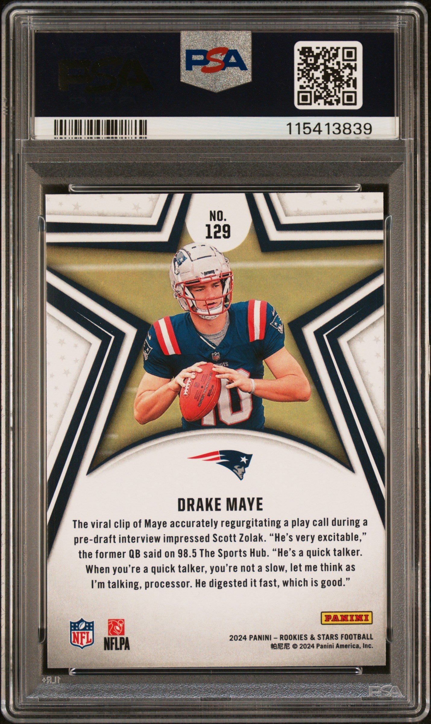 Graded 2024 Panini Rookies & Stars Drake Maye #129 Rookie RC Football Card PSA 9 Mint