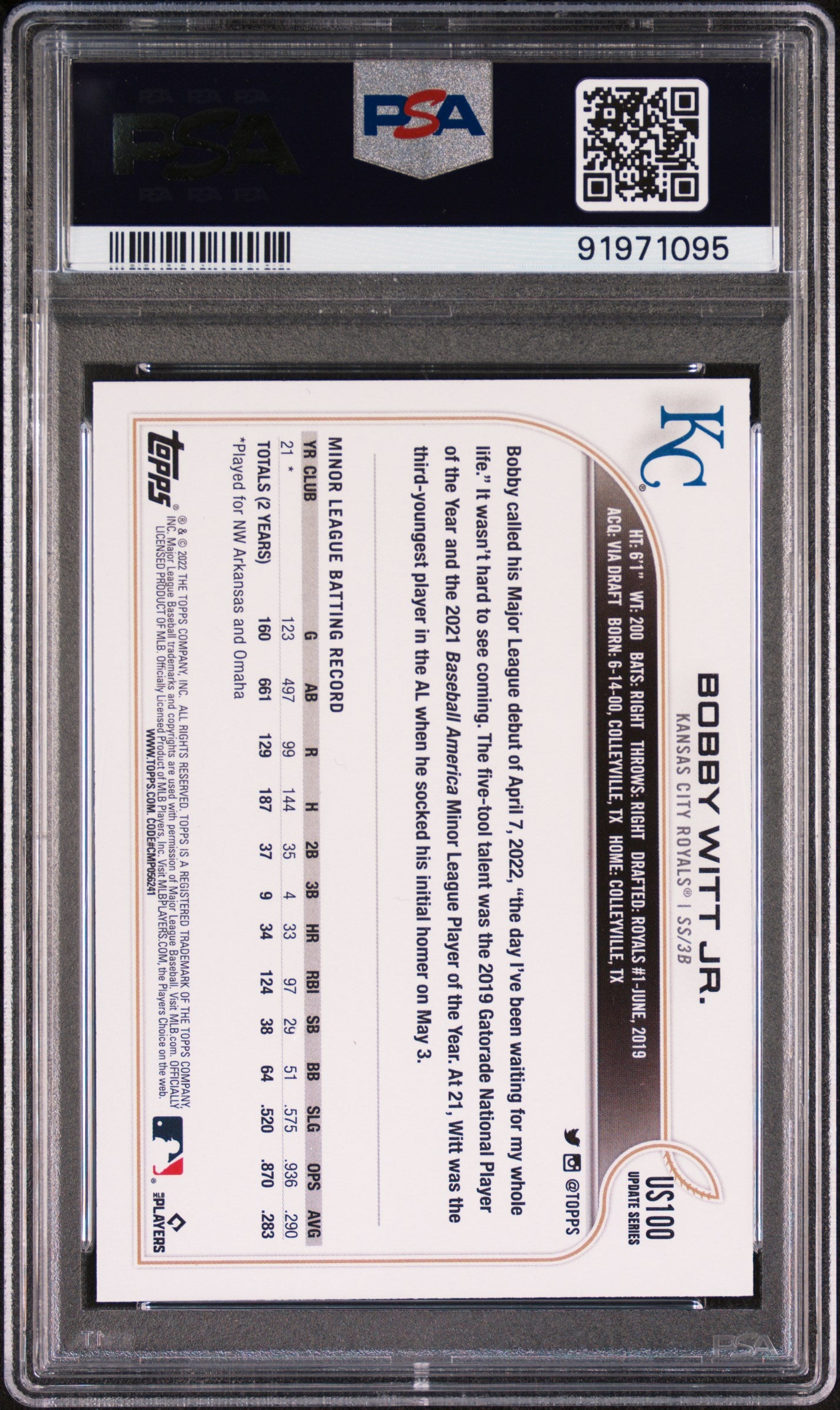 Graded 2022 Topps Update Bobby Witt Jr. #US100 Rookie RC Baseball Card PSA 9 Mint