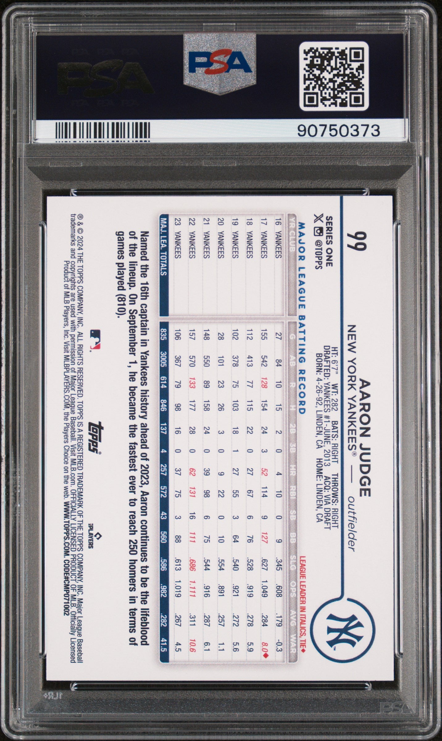 Graded 2024 Topps Aaron Judge #99 Baseball Card PSA 10 Gem Mint